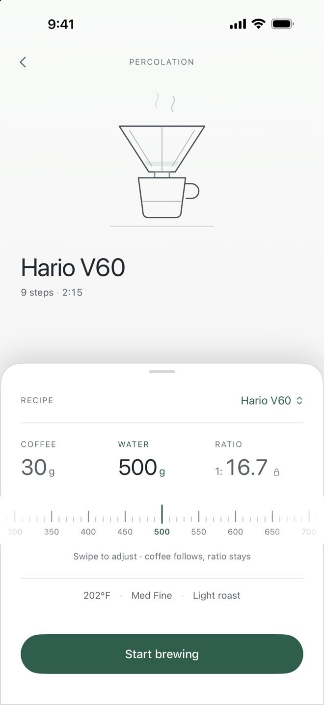 The recipe sheet with coffee, water and ratio above a swipe gauge set to 500 grams.