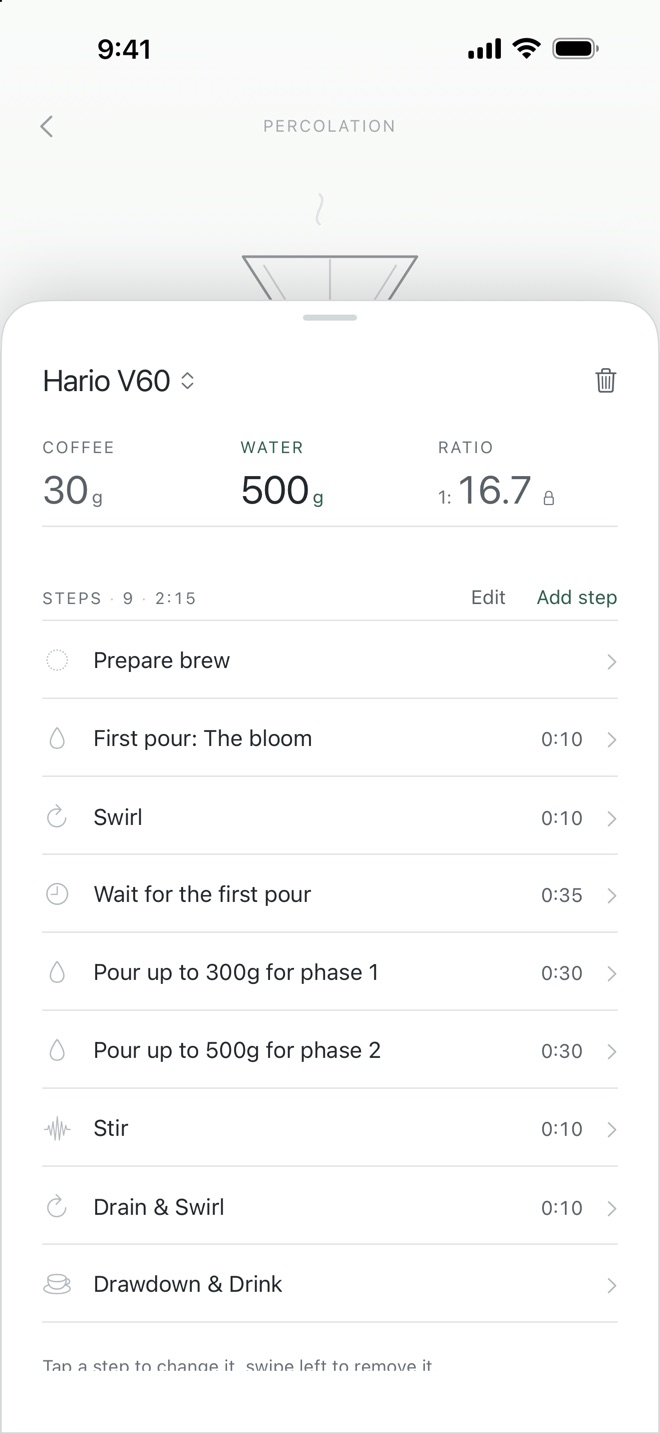 The list of nine steps in the Hario V60 recipe, each with its length.